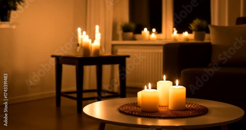 Burning candles cast a warm glow in a cozy room setting.