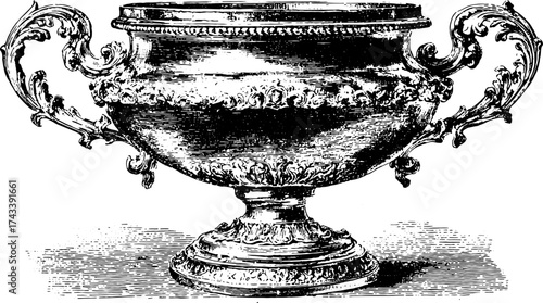 Vintage cup with ornate design. Detailed engravings in retro style create a classic decorative set for display. Vector illustration.