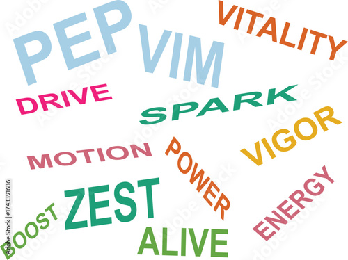 Vibrant vector word cloud about energy, vitality, power, and enthusiasm isolated on white background
