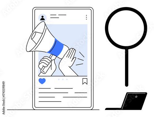 Megaphone promoting content on smartphone screen surrounded by search and digital tools. Ideal for marketing, advertising, communication, brand promotion, social media, outreach, simple flat metaphor