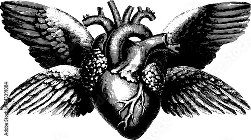 Heart with wings in a vintage engraving style. This detailed black and white illustration is suitable for various artistic applications in vector format.