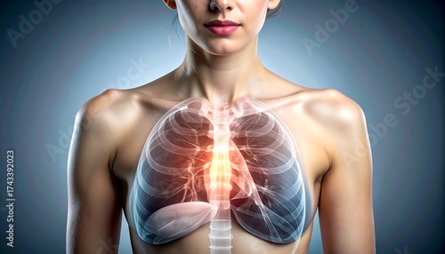 A torso view of a woman with transparent lungs highlighting the rib cage against a blurry blue background