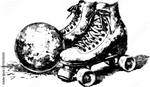 Vintage roller skates and a ball in detailed engraving style. Black and white vector illustration featuring classic sports equipment.