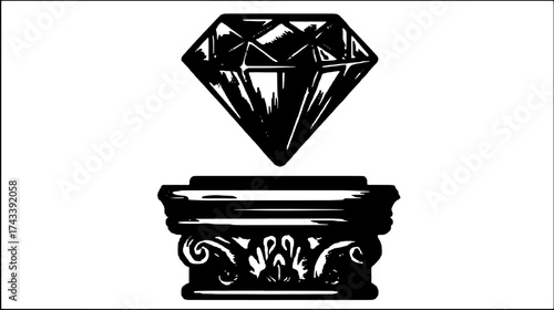 Diamond engraving in vintage line drawing style. Elegant vector illustration of a polished diamond on a decorative pillar set in black and white.