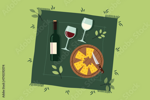 Picnic Wine and Cheese Illustration on Green Blanket