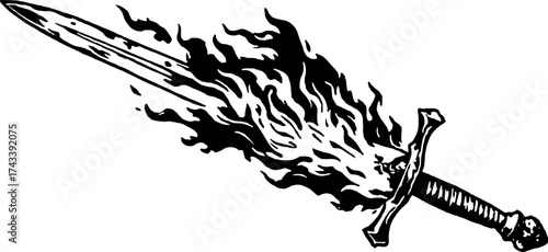 Flaming sword illustration in vintage line art style. A bold black and white vector illustration showcasing a mythical weapon with dynamic fire elements.