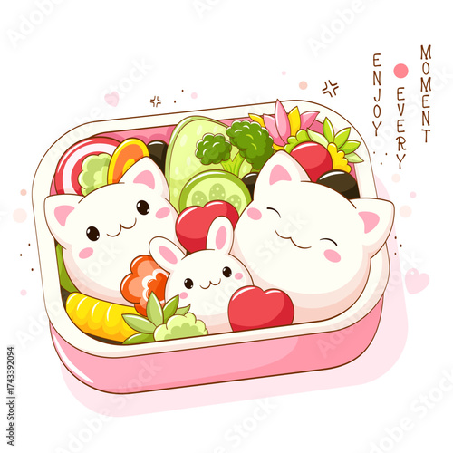 Bento box with cute animal-shaped food characters with smiling face and pink cheeks. Lunchbox set with healthy japanese traditional cuisine dishes. Takeaway homemade snacks. Vector illustration EPS8