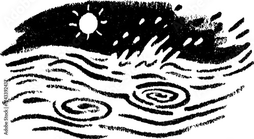 Illustration of ocean waves and sun in black and white. This textured vector illustration depicts dynamic water movement and nature's aesthetics.