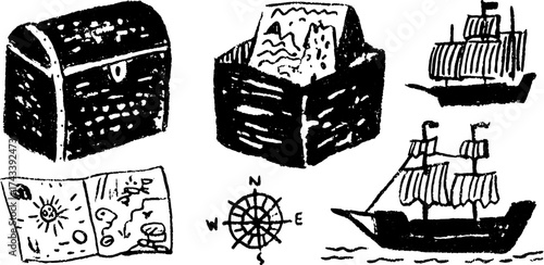 Treasure chest and pirate ship in black art style. Simple vector illustration of navigation symbols and adventure elements set.