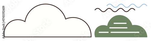 Cloud outline paired with green form suggesting nature, accompanied by wavy lines evoking air and motion. Ideal for weather, nature, calm, balance, creativity, environment simplicity. A simple flat