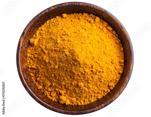 Ground Turmeric Powder in Wooden Bowl Isolated Background