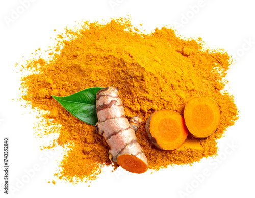 Ground Turmeric Powder with Fresh Roots and Leaves