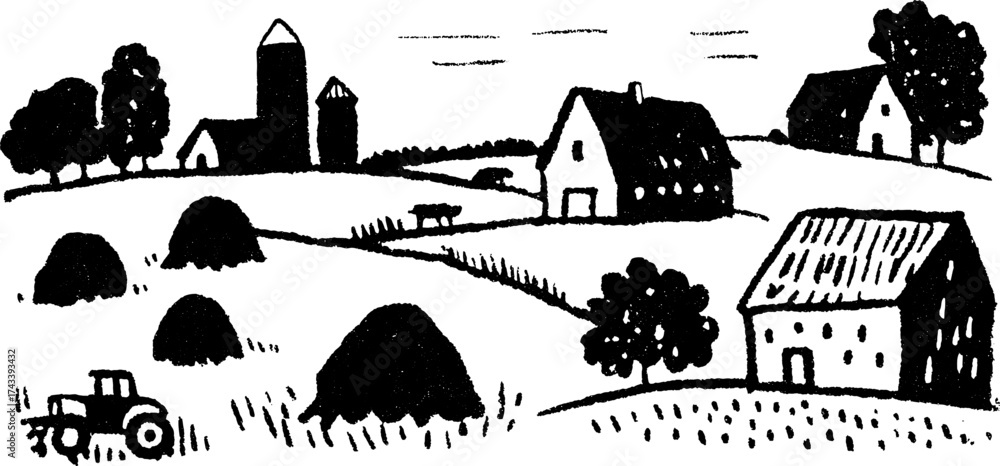 Naklejka premium Farm landscape illustration featuring houses, trees, and a tractor. Simple black and white vector art in a rural set.