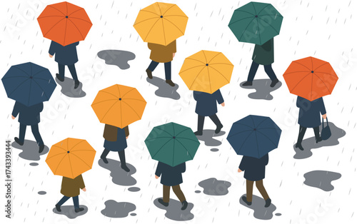 Vector illustration of people walking in the rain with colorful umbrellas. Top view of rainy city street with puddles and reflections, symbolizing autumn weather and daily routine.