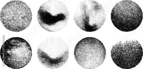 Set of round texture patterns in black and white. Simple flat vector illustration showcasing various dot styles for design use.