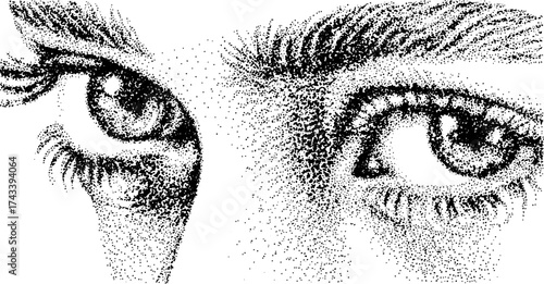 Closeup of eyes illustrated with detailed dot patterns. Black and white vector illustration showcasing textures and an artistic style.