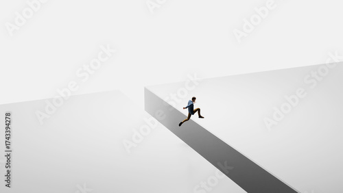 Obraz na płótnie Businessman leaping across a chasm in a minimal white landscape, symbolizing risk taking and overcoming challenges in business