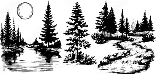 Trees and a winding river in a black and white landscape illustration. Scenic woodland silhouettes under moonlight, vector art set.