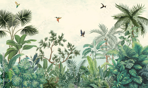 Tropical Jungle wall mural, Mughal Garden Illustration, Wallpaper, Birds.