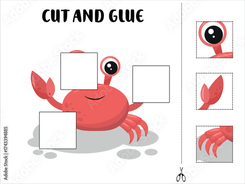Printable cut and glue activity with a cute red crab educational paper craft for preschool and kindergarten children