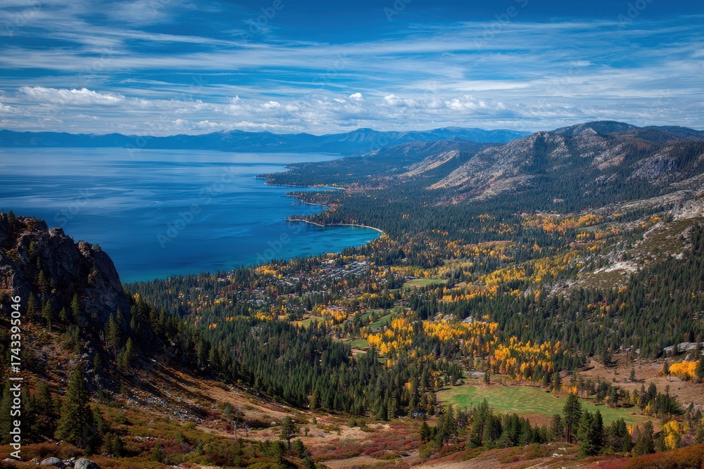 Fototapeta premium Tahoe Fall. Colorful Autumn Landscape with California Mountain Range View