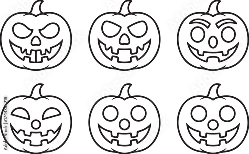 Collection of six hand drawn outline illustrations of jack o lantern pumpkins with different carved faces for halloween