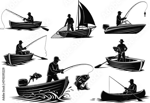 Fishing boat silhouette vector set, black and white recreational fishing illustrations, angler activity icons, catch scenes, isolated outdoor graphic elements