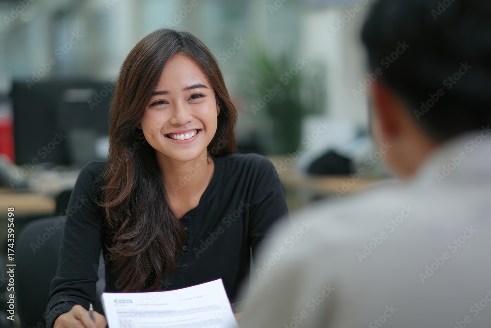 Fototapeta premium Teen Job Interview. Young Asian Female Candidate Smiling in Office Interview with Employer