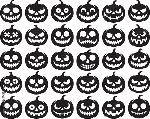 Collection of spooky and scary halloween jack o lantern faces in black silhouette