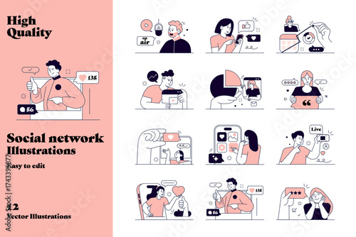 High-quality set of 12 flat modern vector illustrations about social networks, communication, likes, followers, and content creation. Perfect for apps, websites, blogs, marketing, and presentations.