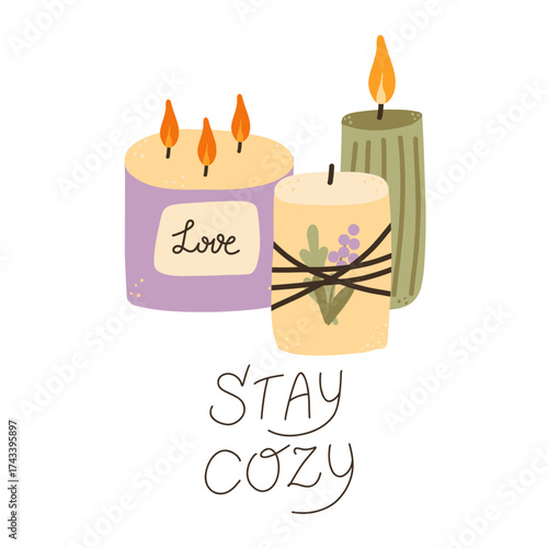 Cozy time, stay cozy illustration. Composition with candles. Fall season vector illustration.