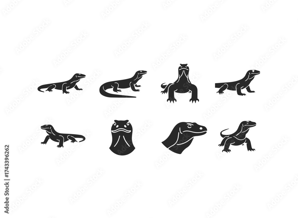 Naklejka premium Komodo Dragon Silhouette Collection Diverse Poses.