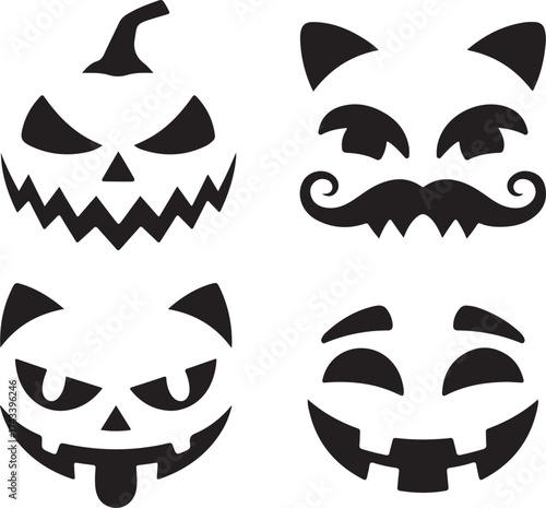 Four spooky and cute halloween pumpkin carving faces and designs isolated on white background