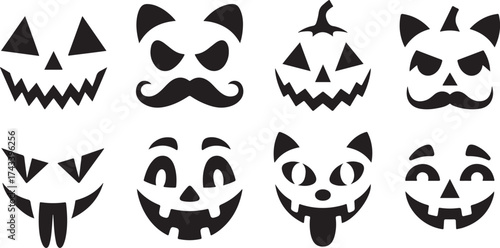 Collection of eight spooky and fun halloween pumpkin faces stencils for carving and decoration