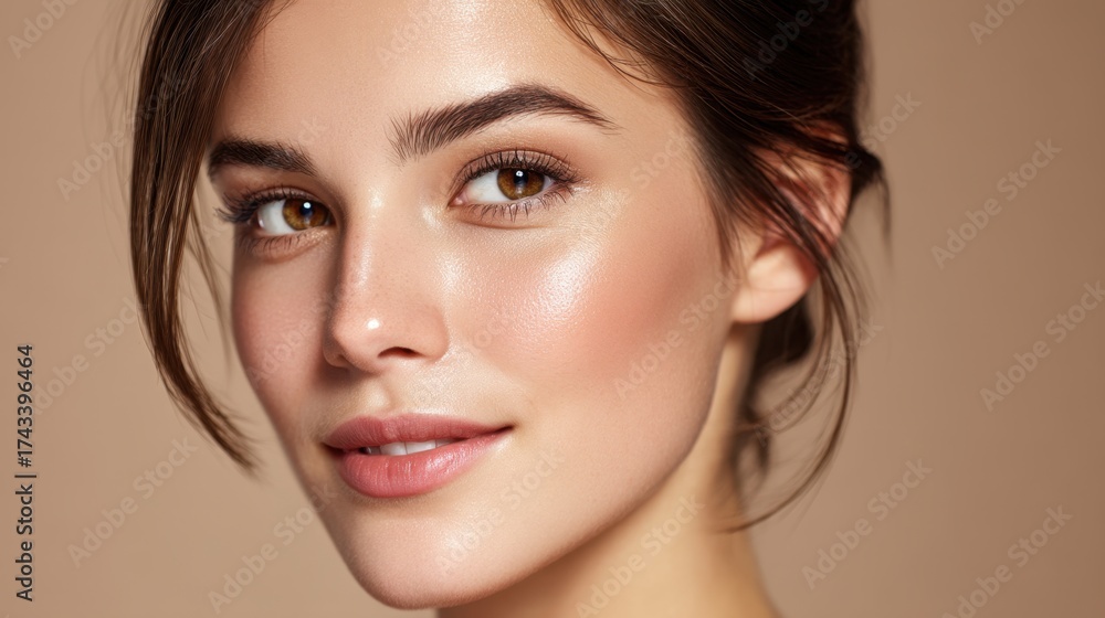 Fototapeta premium Close-up portrait of a young woman with glowing skin, natural makeup, and soft lighting against a neutral background