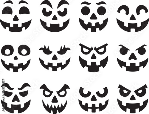 Collection of twelve spooky and scary halloween jack o lantern faces carved designs
