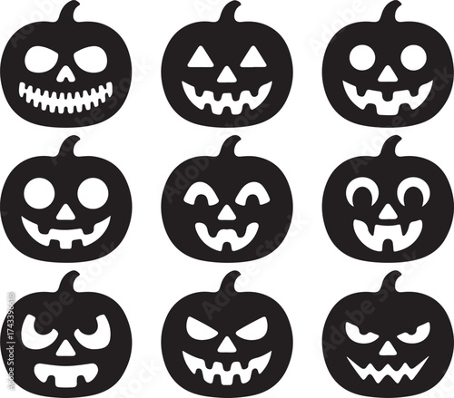 Collection of nine black silhouette halloween jack o lantern pumpkin faces with various carved expressions
