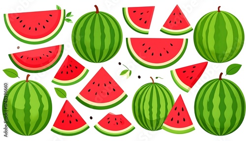 Assorted vibrant watermelon slices and whole watermelons with leaves, set on a white background