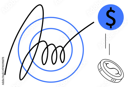 Hand-drawn signature overlaying concentric circles with falling dollar sign and coin. Ideal for finance, investments, contracts, success, branding, business deals, advertising. Simple flat metaphor