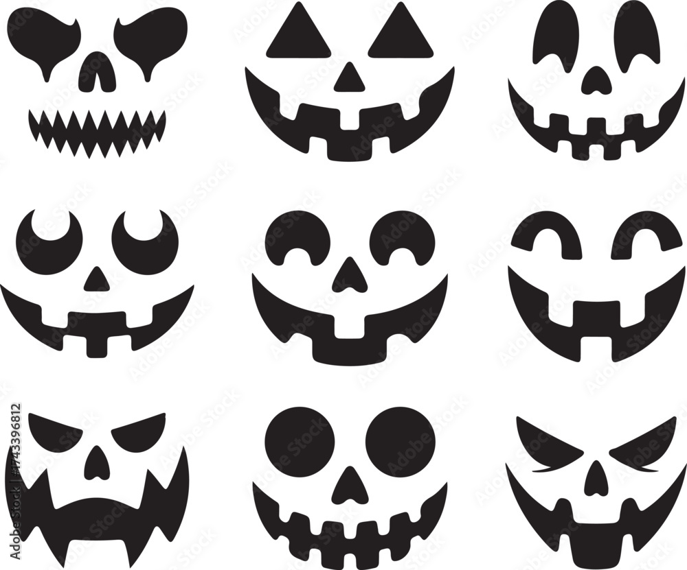Fototapeta premium Collection of nine distinct black and white halloween pumpkin faces and skull designs