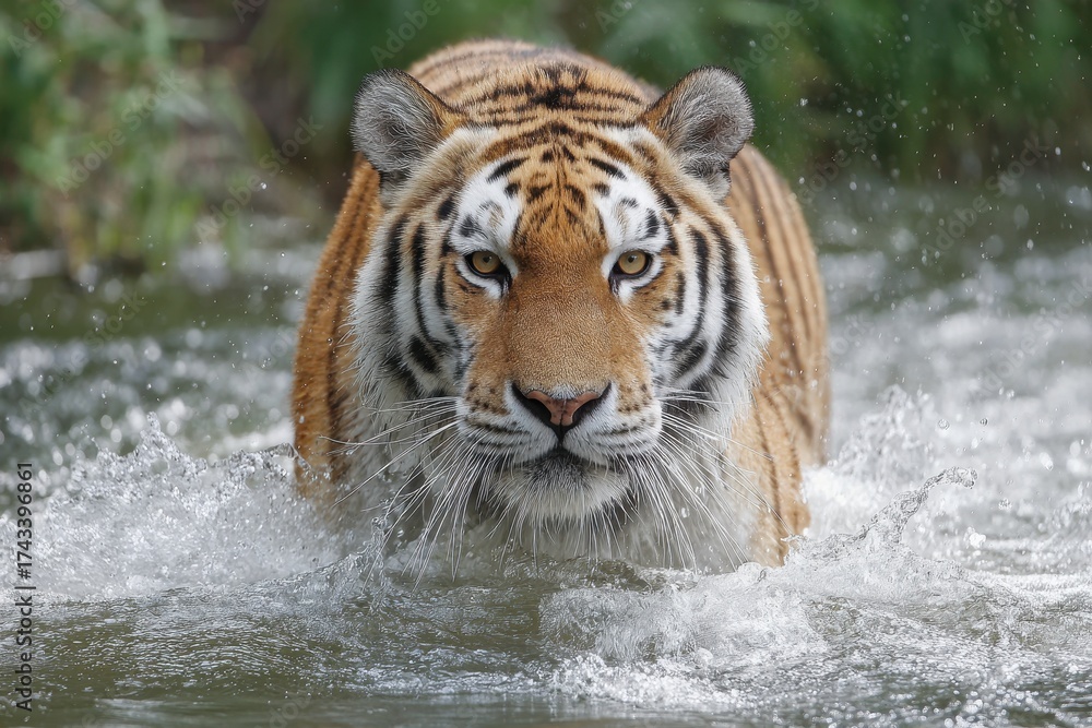 Obraz premium Tiger Water. Wildcat Amur Tiger Playing in Siberian Stream Forest