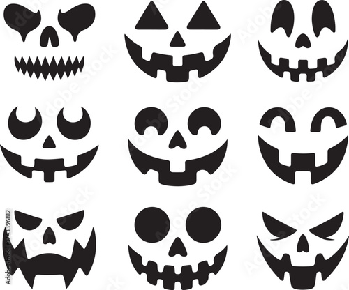 Collection of nine distinct black and white halloween pumpkin faces and skull designs