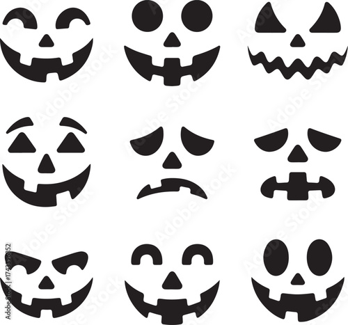 Collection of nine distinct carved pumpkin faces with various expressions for halloween celebrations and decorations