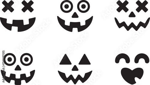 Collection of six spooky and fun halloween pumpkin carving faces and expressions on white background