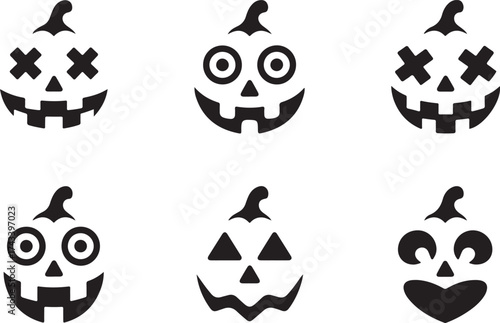Collection of six distinct black and white halloween pumpkin faces carved with various expressions and shapes