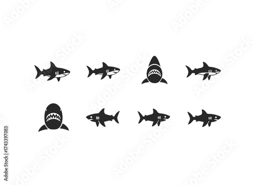 Set of Shark Icons and Silhouettes.