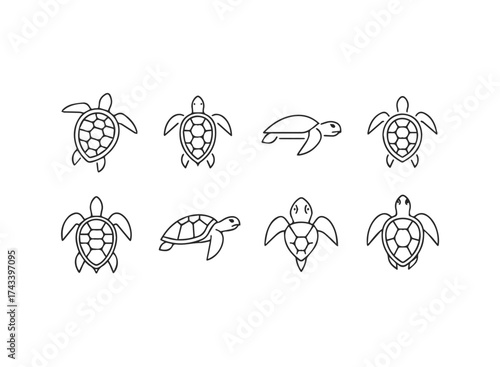 Set of Simple Line Art Sea Turtle Icons.
