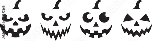 Collection of spooky carved pumpkin faces and eyes in black silhouette on a white background for halloween