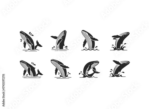 Set of Stylized Whale Icons in Ocean Waves.