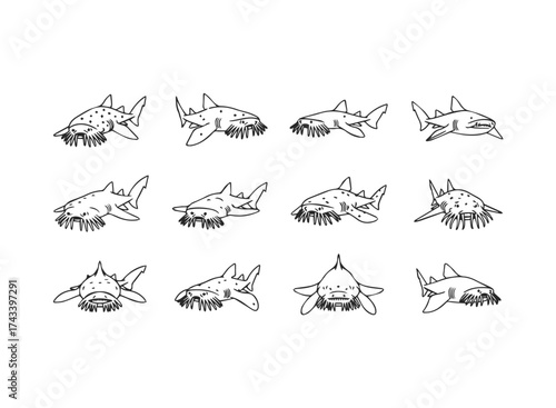 Set of Twelve Cute Shark Illustrations.